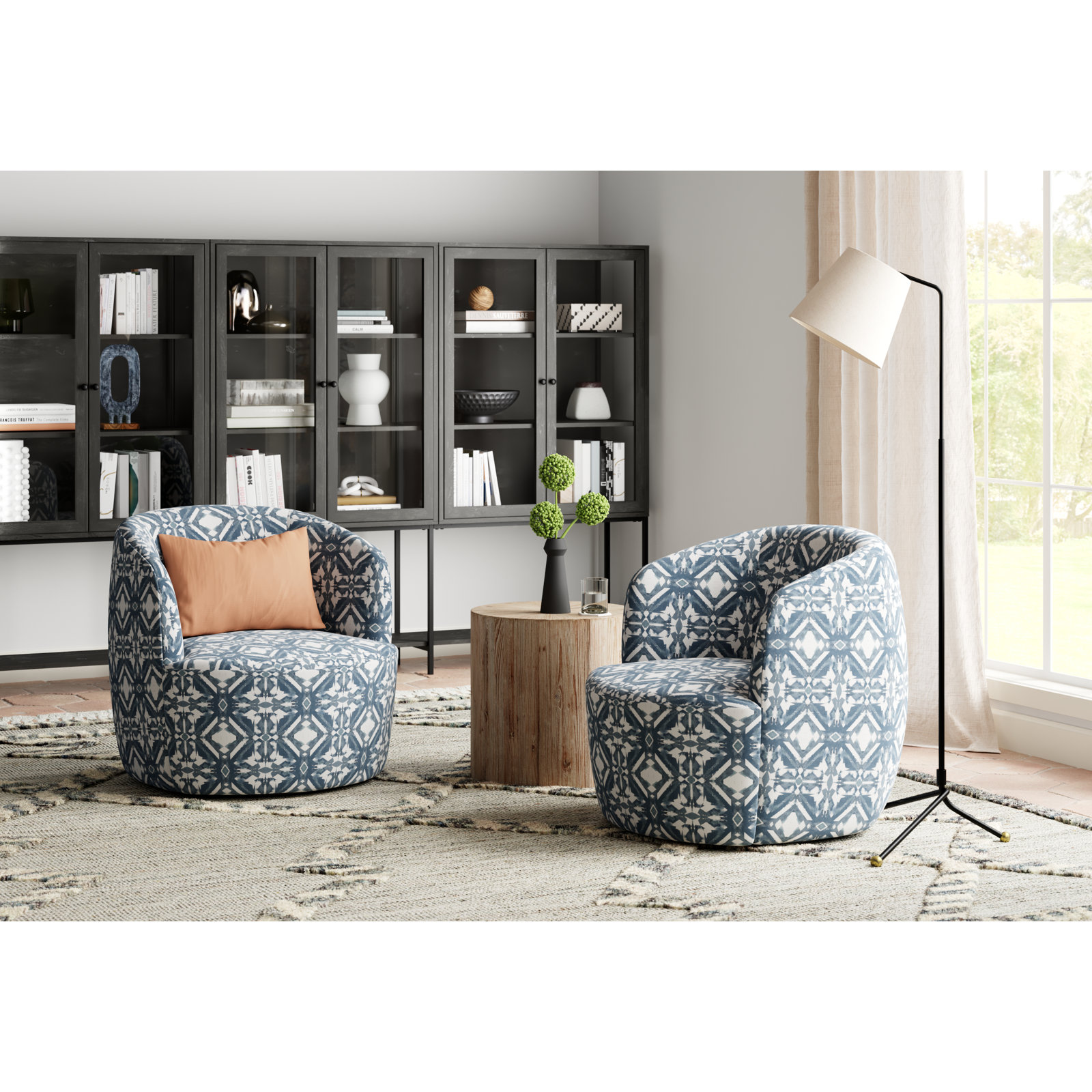 Mina Swivel Barrel Chair, Asha Blue Ikat