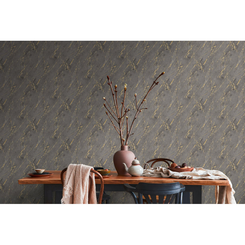 Bricks and More Collection Metallic Marble Motif Wallpaper Roll, Black/Gold