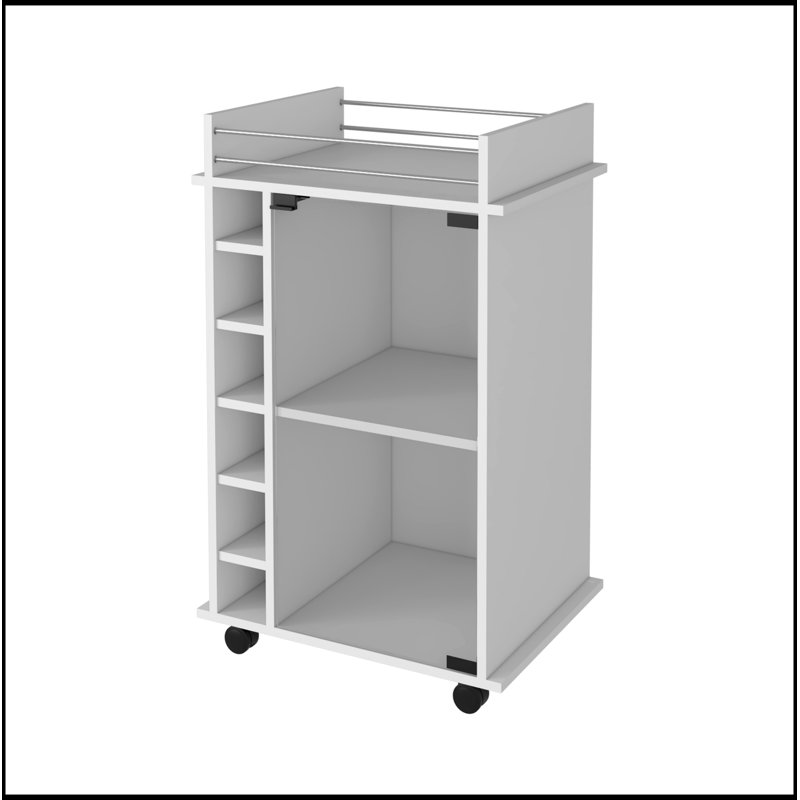 Savannah 6-Bottle 3-Shelf Bar Cart with Glass Door Cabinet and Metal Rails for Versatile Storage and Display, White