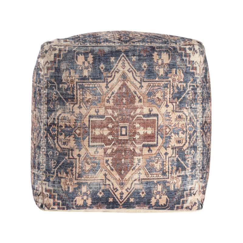 Taj Traditional Medallion Power-loomed Square Ottoman Pouf, Blue/Brown
