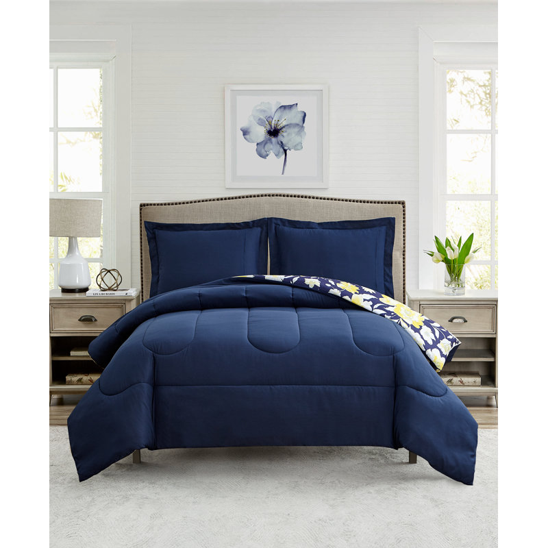 King Navy Yellow Floral Microfiber Comforter Set