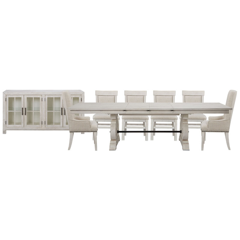 Extendable Rectangular Dining Table With 4 Upholstered Side Chairs 2 Host Chairs And Buffet