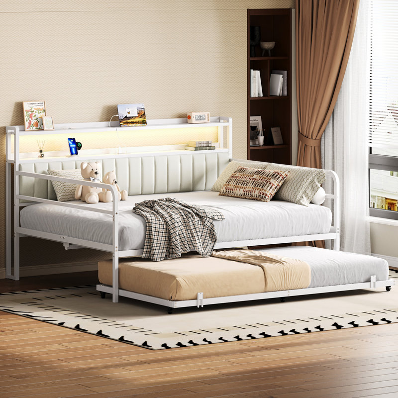 Daybed With Pull Out Trundle, 2-Tier Storage Shelves And Upholstered Headboard, Twin Day Bed With Led Lights And Charging Station, Metal Platform Bed Frame For Living Room, Bedroom