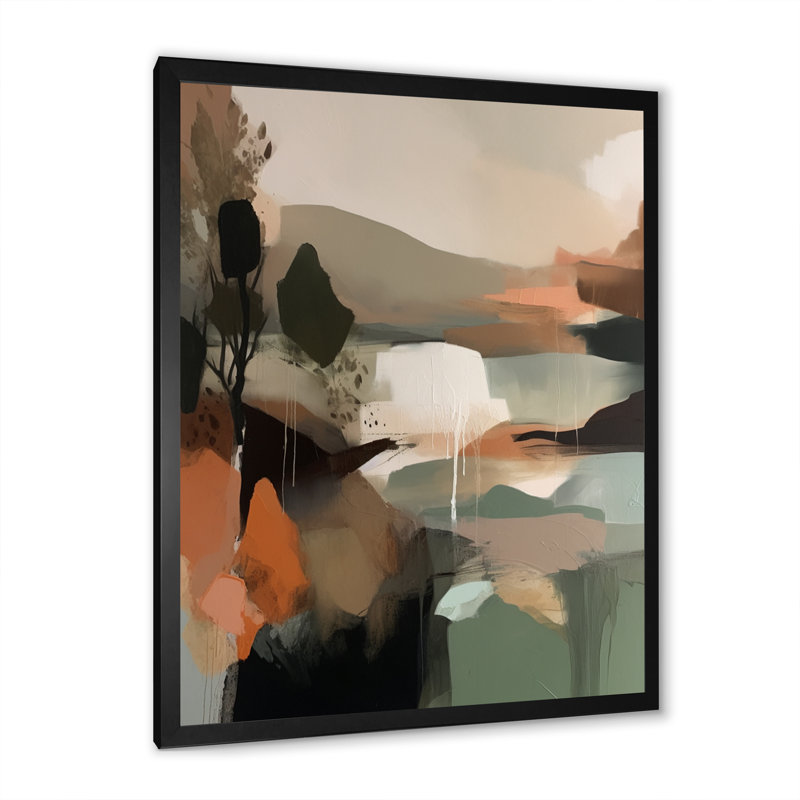 «Green and Beige Transcendant Reality I», peinture abstraite encadrée sur toile, Cadre photo noir, H 32 po x l 24 po x P 1 po
