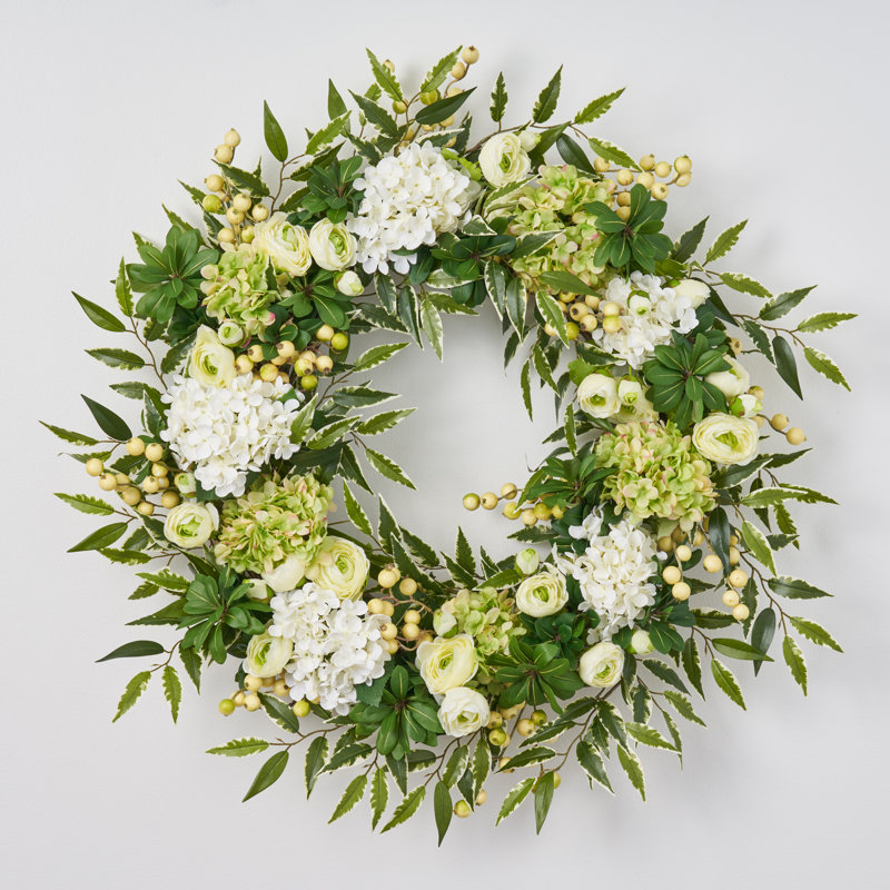 Cream & Green Hydrangea, Ranunculus, Berry Spring Summer Front Door Wreath, 22" H x 22" W x 6" D