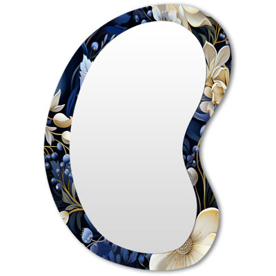 Espiet Deep Indigo Moonlit Flowers - Botanical Asymmetrical Mirror, Blue Unique Shape Decorative Wall Mirror, Printed Metal Art