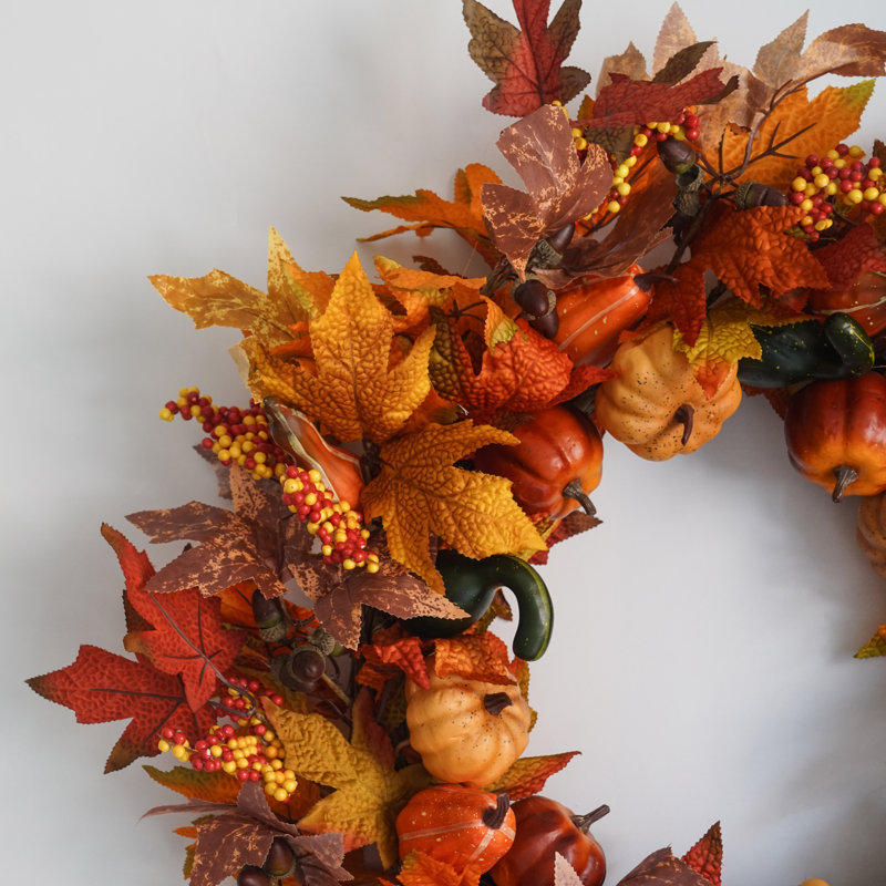 Couronnes artificielles de 56 cm (22 pouces), couronne d'automne avec citrouille et feuilles d'érable, décorations de fête pour l'intérieur et l'extérieur