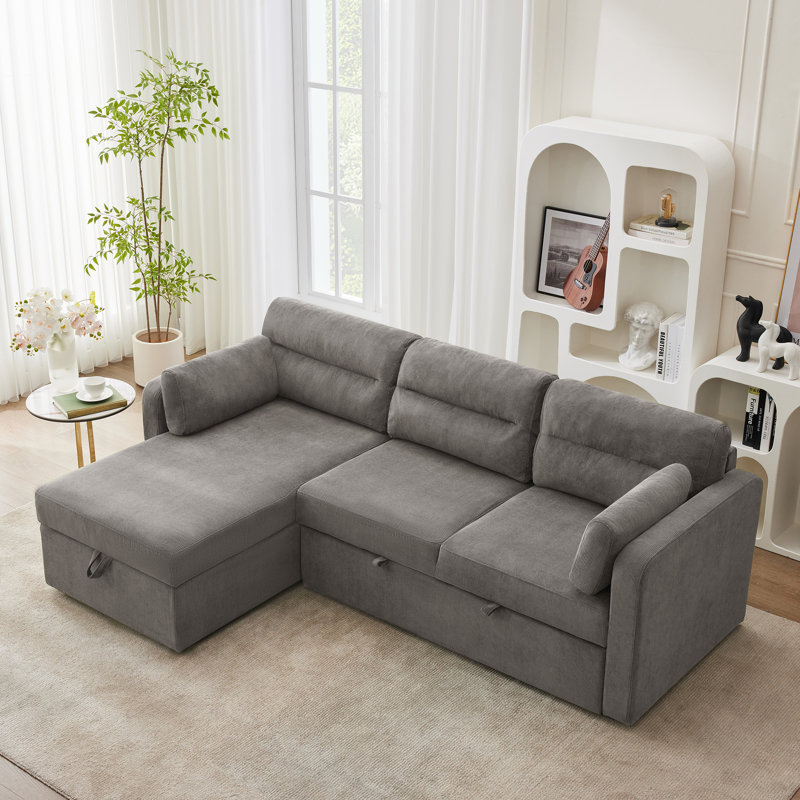 92.5" W Corduroy Upholstered Reversible Sleeper Sofa and Chaise with Storage , Gray Corduroy