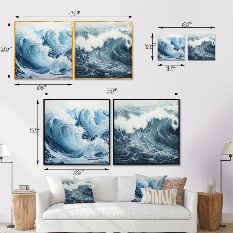 Minimalisme - tempête de mer - ensemble de 2 collages carrés carrés, Cadre flottant noir, H 16 po x l 33 po