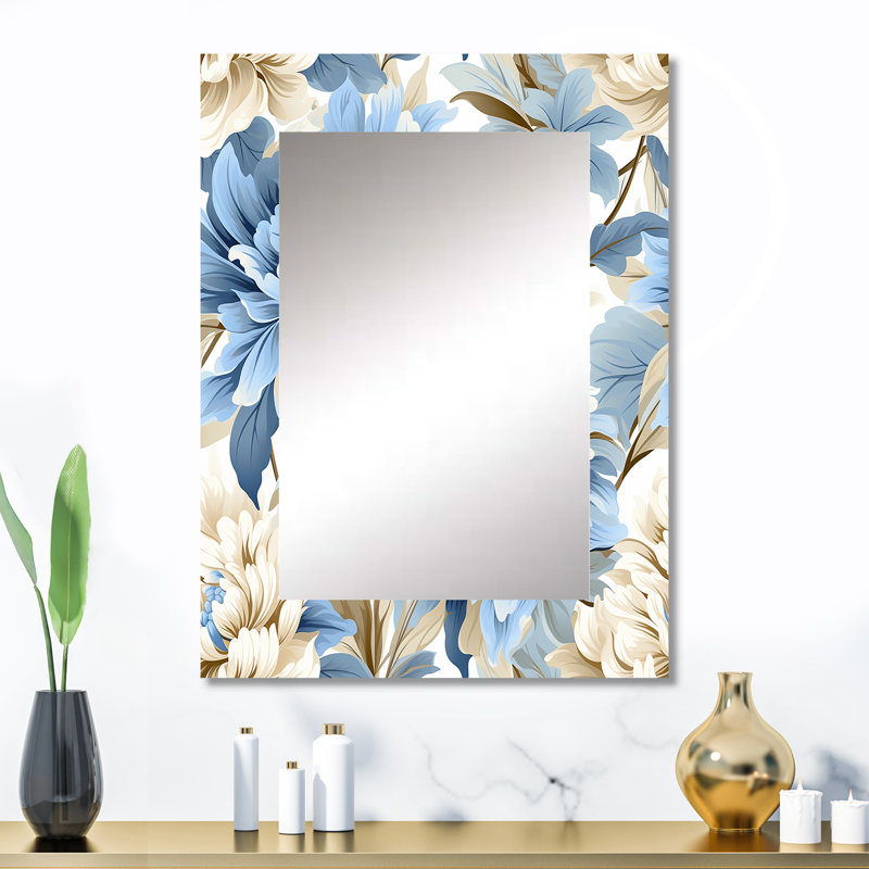 Blanc et bleu damassé brise - décoration murale miroir damassé, 32 po x 24 po