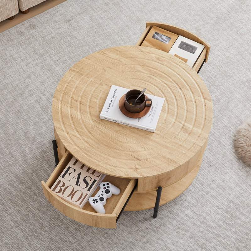 Table basse ronde 30,47 po avec tiroirs, Naturel
