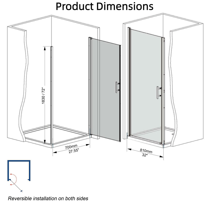 Porte de douche pivotante en aluminium chromé 33-32 pouces