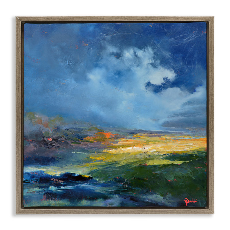 «Stormy Abstract Landscape», art mural sur toile flottante par Patrick Dennis, H 18 po x l 18 po, Cadre flottant noir de jais