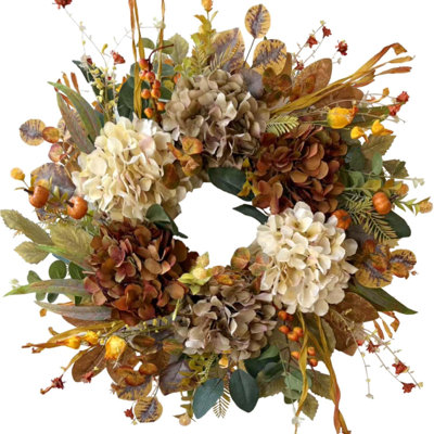 Couronne d'automne de 60 cm pour porte d'entrée avec hortensias et mini-citrouilles | Couronne rustique d'automne sur base de brindilles, décoration de ferme pour l'Action de grâce, décorations d'automne pour la maison, cadeau d'Halloween pour l'intérieur et l'extérieur