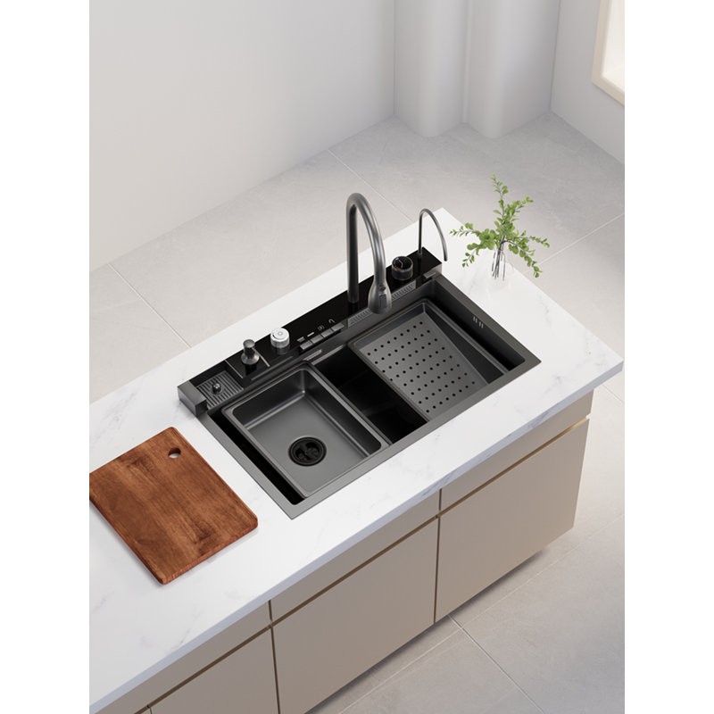 31.5 X 17.7 Inch 304 Stainless Steel Smart Waterfall Kitchen Sink Set With Pull-Down Faucet - Includes Knife Holder, Drain Basket, Cutting Board & Temperature Display