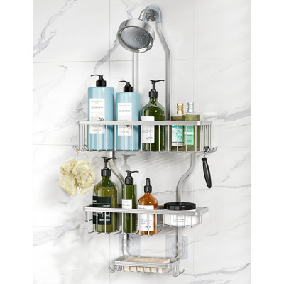 Rustproof Shower Caddy Organizer - Aluminum Alloy Over The Shower Head Storage With 3 Baskets & 10 Hooks - Sturdy Bathroom Shelf For Shampoo, Soap, Razors & More
