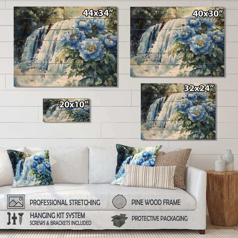 Pivoines par la cascade III - Décoration murale en bois de pivoines - sur bois de pin naturel, H 30 po x l 40 po x P 0,78 po