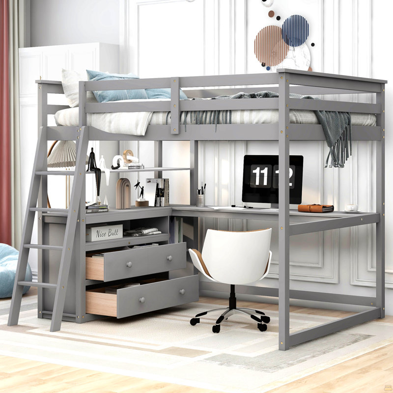 Lit mezzanine double avec bureau et tablettes, deux tiroirs intégrés