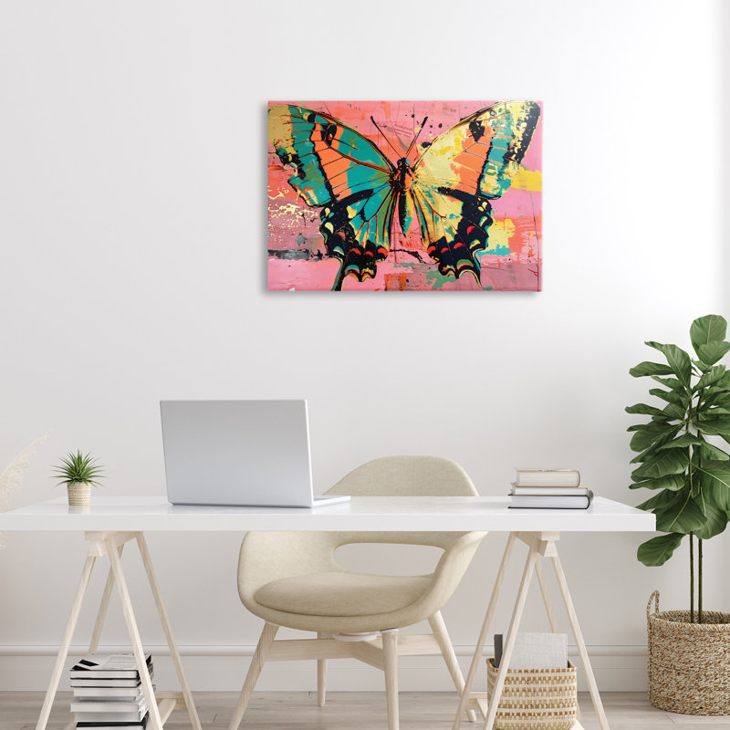 Papillon rétro sur toile abstraite rose, design par LSR Design Studio, H 16 po x l 24 po