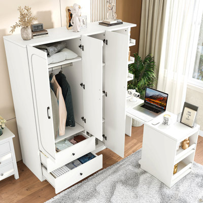 Armoire multifonctionnelle avec 2 portes et tringle, armoire à vêtements en bois avec bureau convertible et tiroirs de rangement