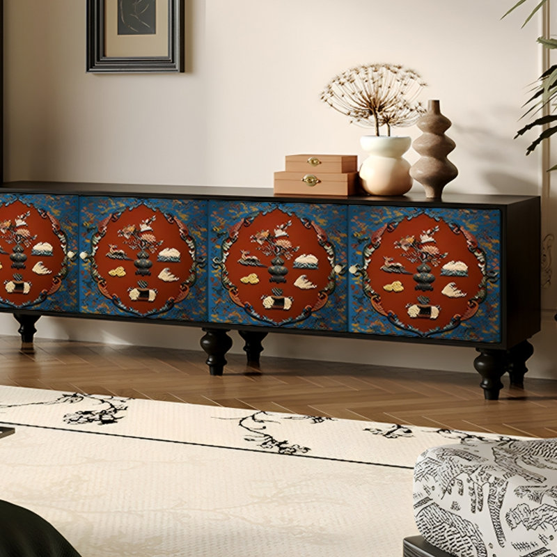 Meuble télé en pin massif avec motif à panneaux imprimés, H 21,65 po x L 78,74 po x l 15,75 po