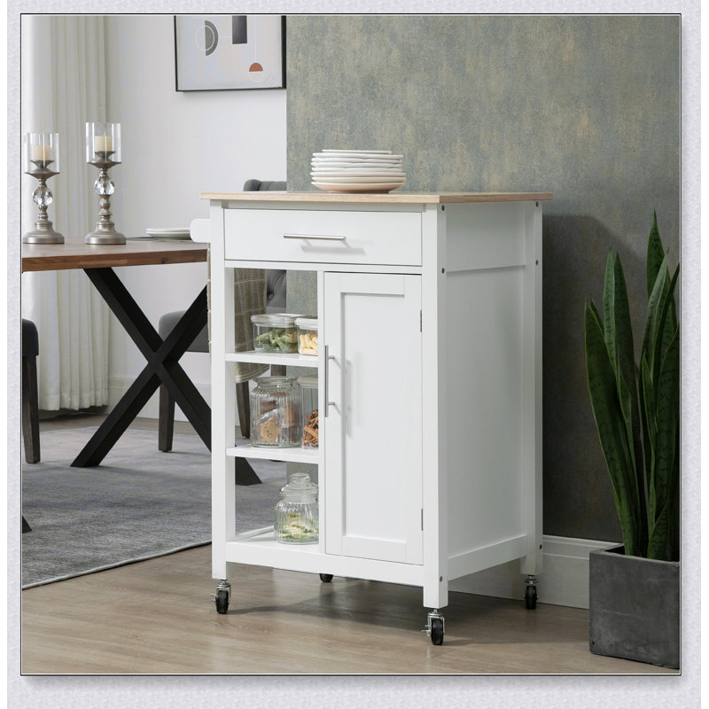 Chariot pour îlot de cuisine polyvalent avec rangement, plateau en bois massif et tablettes réglables pour les cuisines modernes