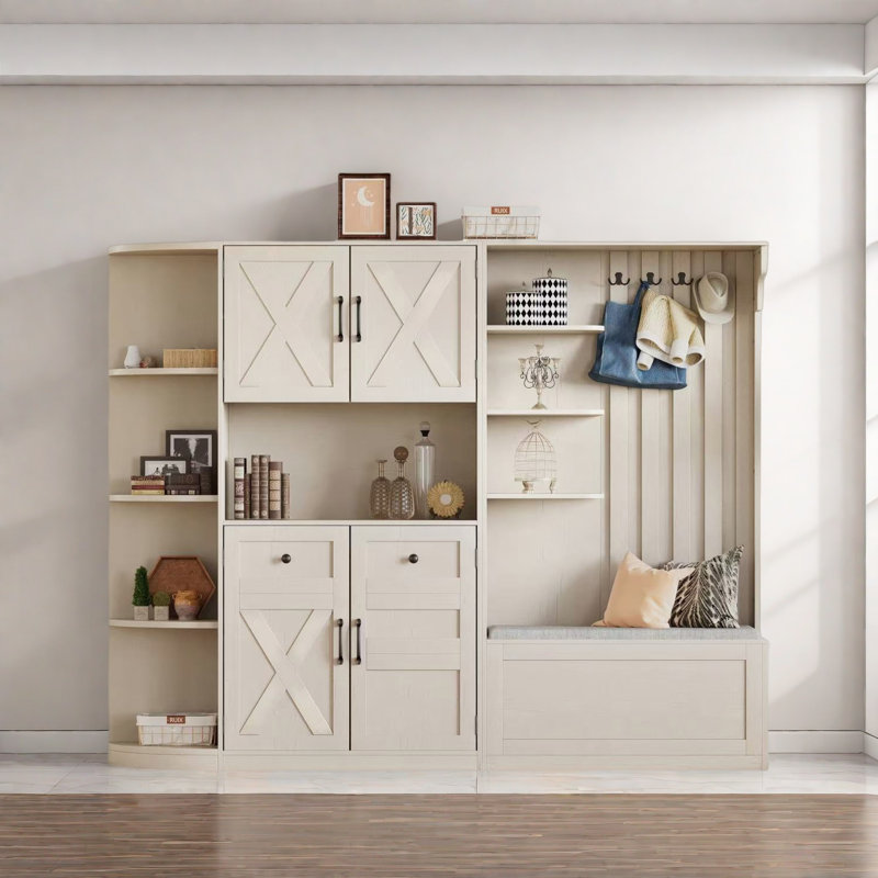 2 In 1 Multifunctional Left-right Combination Hall Tree With Open Shelving Areas, Cabinets, Flip Hidden Shelf And 4 Hooks