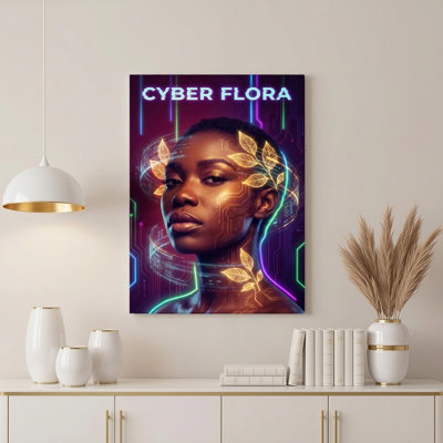 «Cyber Flora Neon Circuit Woman», reproduction d'art sur toile tendue sur toile, ensemble de 1