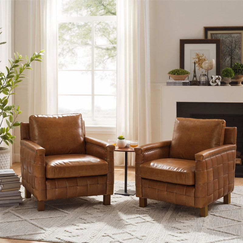 Top Grain Genuine Leather Armchair with removable back cushions Set Of 2, Brown