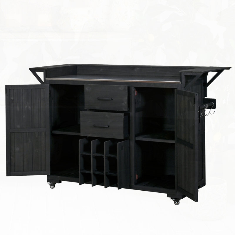 60.2"W Outdoor Kitchen Island with Wheels and Stainless Steel Top, Black