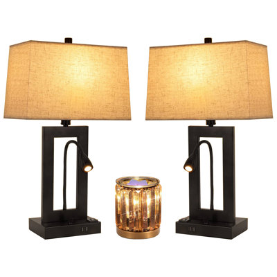 Table Lamps Set of 3, Dimmable Table Lamps with USB Charging Ports ,AC Outlet and Adjustable arm light, 1pcs more Wax Melting Heater light, Fully Dimmable Modern Nightstand Lamp with Fabric Lampshade