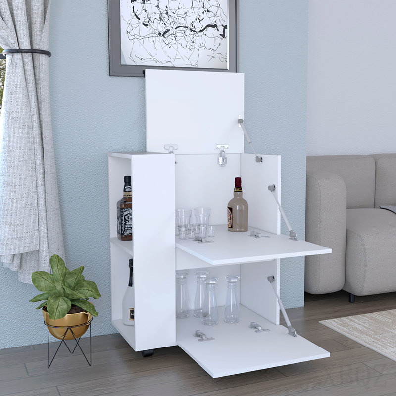 Bar Cart Two Pull-Down Door Cabinets and Two Open Shelves