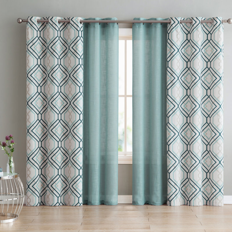  Jackston 4-Piece Solid and Printed Curtain Panel Set, Blue, 38" W x 96" L