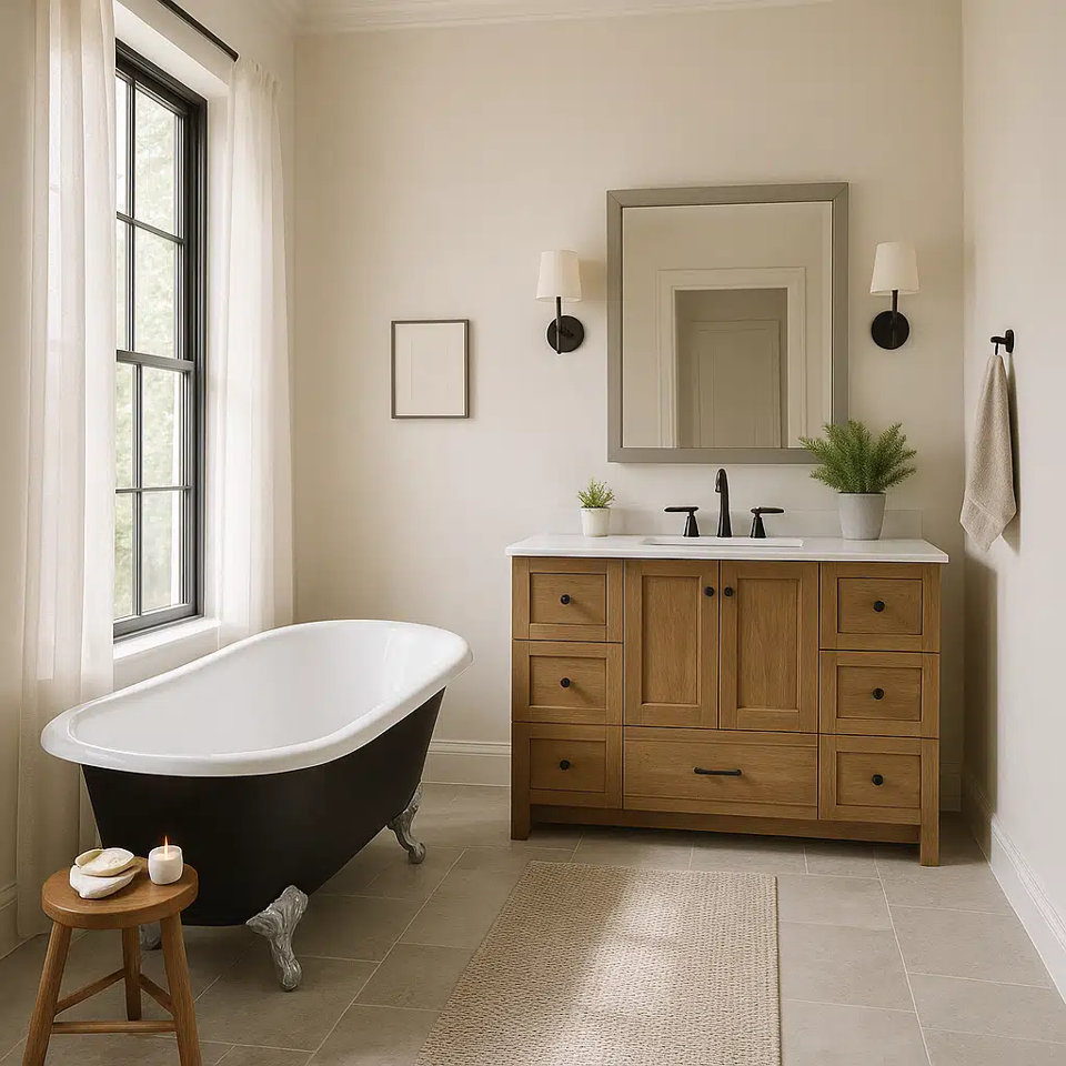Bathroom with freestanding tub, vanity, and mirror.