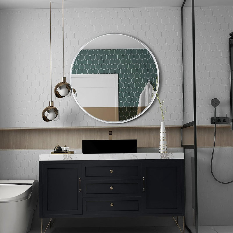 Miroir rond en métal, 32 po x 32 po, Argent, Rond