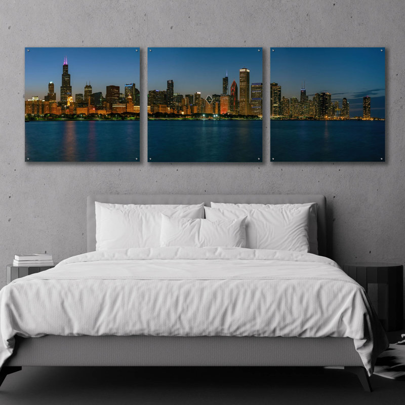 «Good Night Chicago» par Epic Portfolio, ensemble d'art mural en verre acrylique, 3 pièces, H 36 po x l 108 po