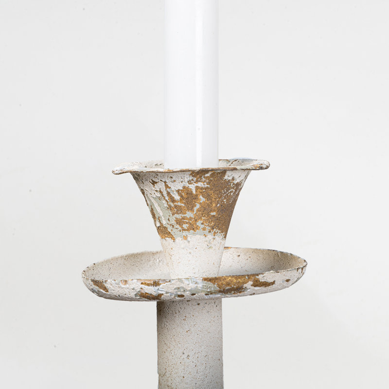 Vintage Metal Candle Holder With Distressed White Finish And Elegant Floral Details For Rustic Home Decor