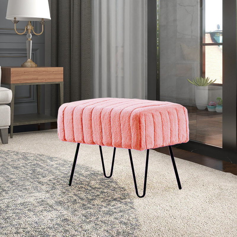 Defranco Upholstered Ottoman, Peach Eco Faux Fur