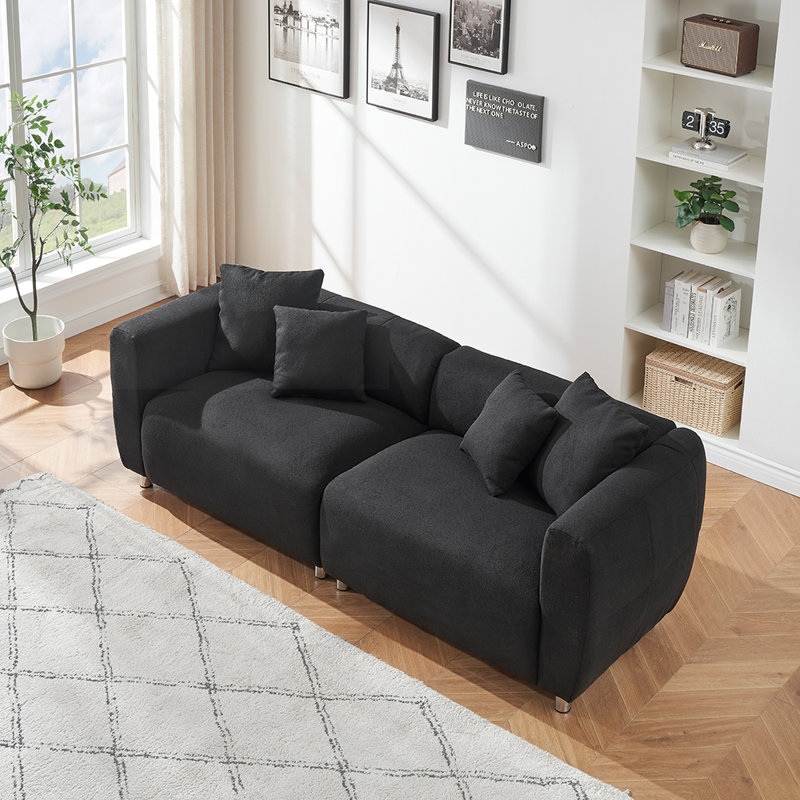 Olimpiu Upholstered 89.98'' Sofa, Black Cotton And Linen, Teddy Velvet