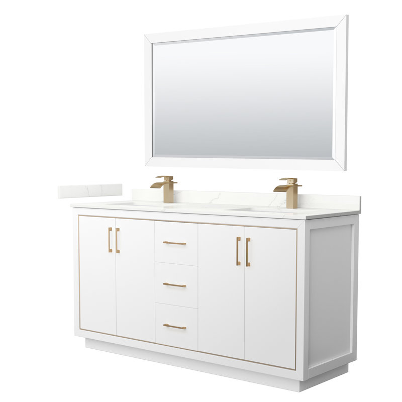 Meuble-lavabo double autoportant 66 po avec plateau en quartz 66 po, Quartz Giotto, Gris foncé, Noir mat