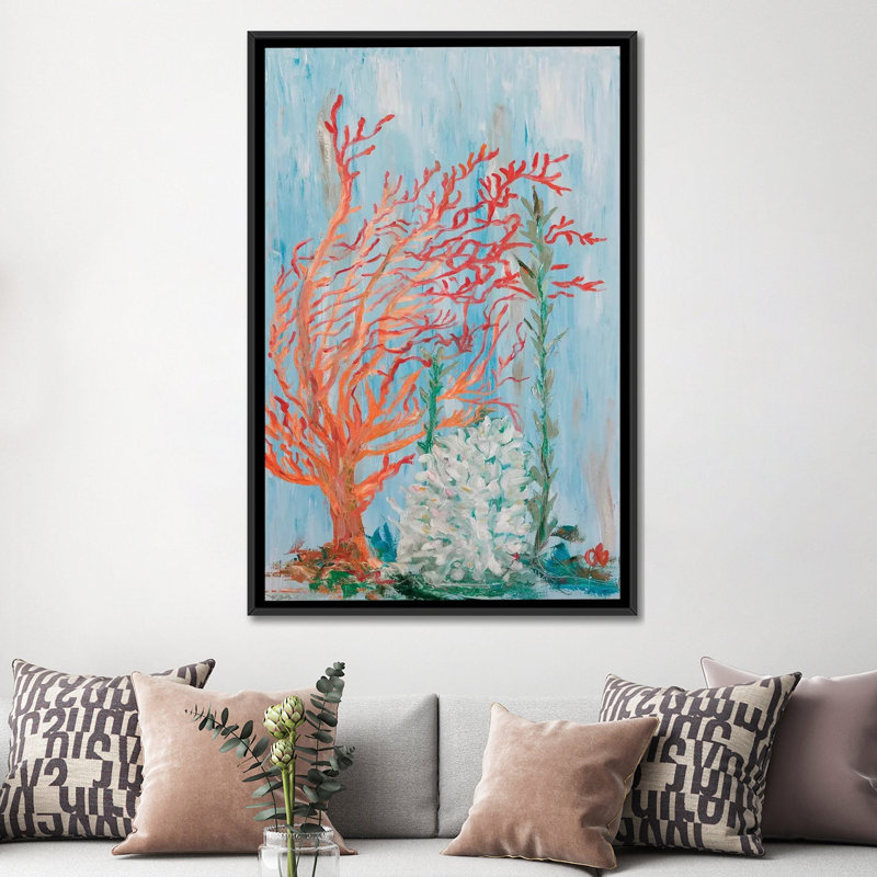 «Painterly Coral I», reproduction sur toile, H 26 po x l 18 po x P 1,5 po, Toile avec cadre noir, Pas de tapis