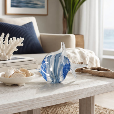 Decorative Glass Fish Figurine Accent for Coastal Home Decor - Modern Sculpture Object for Shelf or Living Room Table Decoration - 8", Blue & Clear