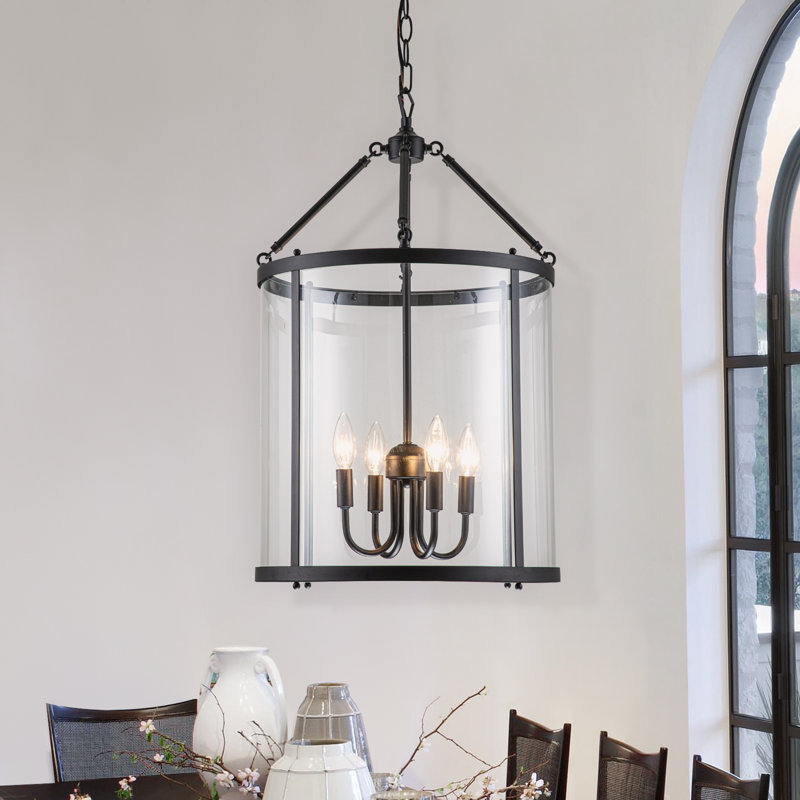 Qudarius 4-Light Dimmable Iron Drum Chandelier , Matte Black, Transparent
