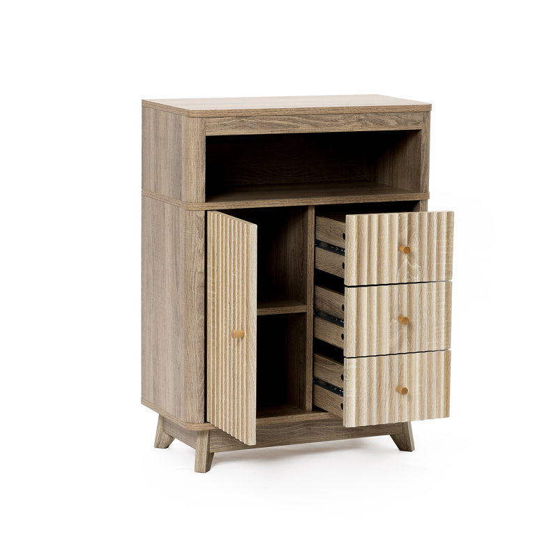 Natural Morden Bathroom Storage Cabinet Wave-Patterned 3-Drawer 1-Door 