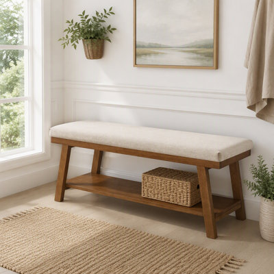 Linen Upholstered Storage Bench with Shelf