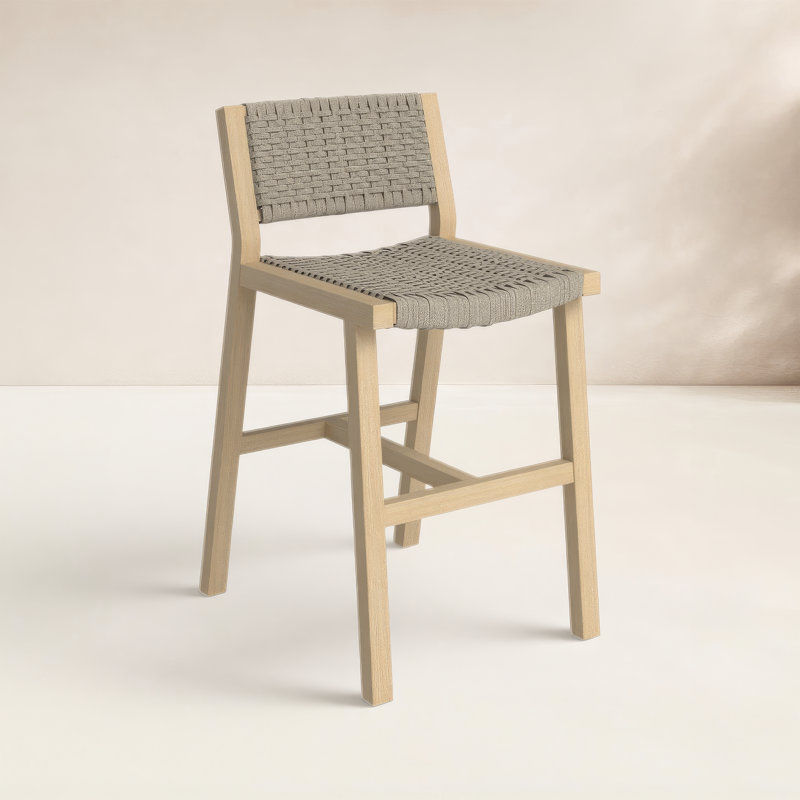 Delano Outdoor Teak Bar Stool, Washed Brown, Counter Stool (26" Seat Height), Gray Rope