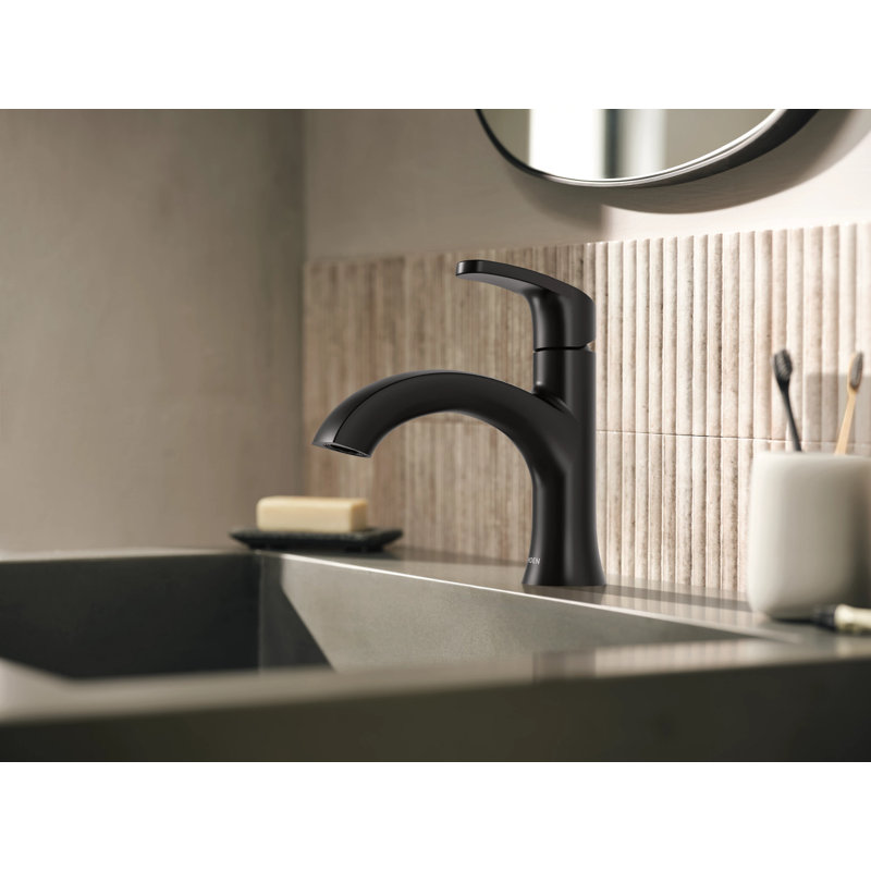 Moen Karis Single Handle Bathroom Faucet with Push Down Drain, Deckplate Included, Matte Black