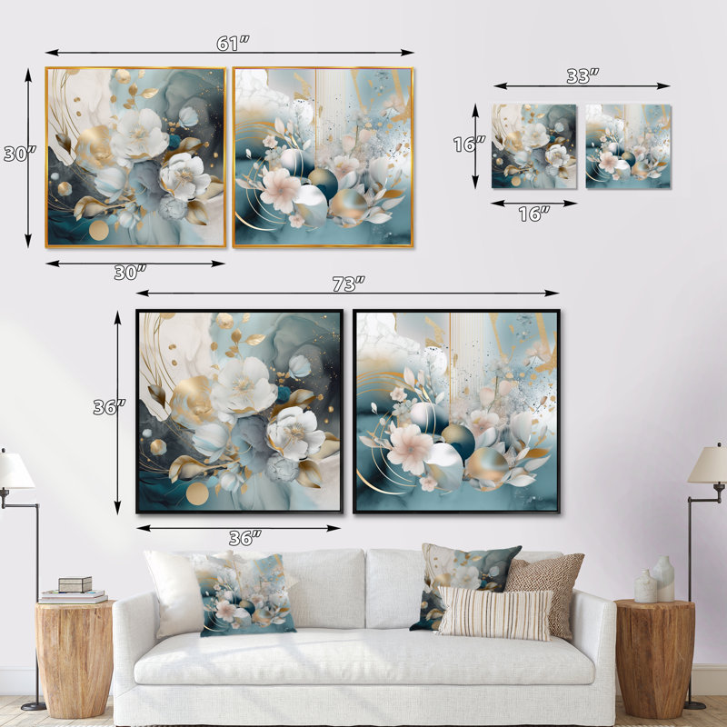 Blue Marble Gold Floral Impressions - Ensemble de 2 collages floraux carrés, Cadre flottant noir, H 36 po x l 73 po