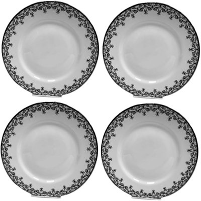 Victoria Bella 10.75" Bone Сhina Set of 4 Plate with décor Dinner Plates with Black Swirl Pattern on White Background.