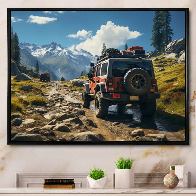 Jeep rouge au parc national de Yosemite, H 12 po x l 20 po x P 1 po, Cadre flottant noir